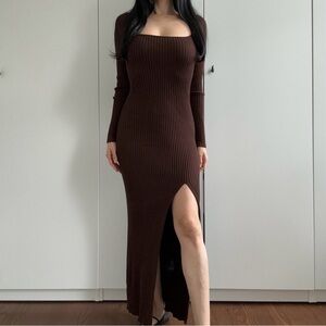H&M chocolate chunky knit scoop neck maxi dress with slit detail XS